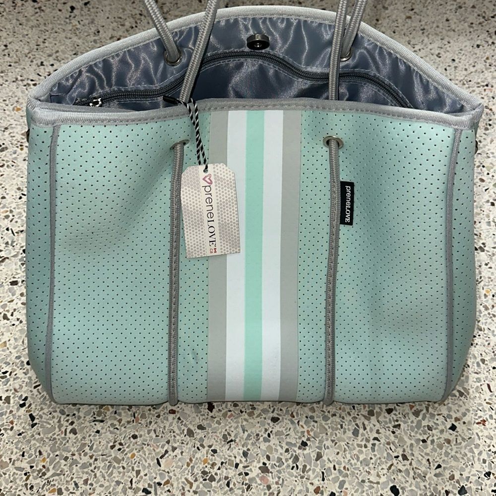 NEW PreneLOVE seafoam green grey gray classic large tote bag neoprene